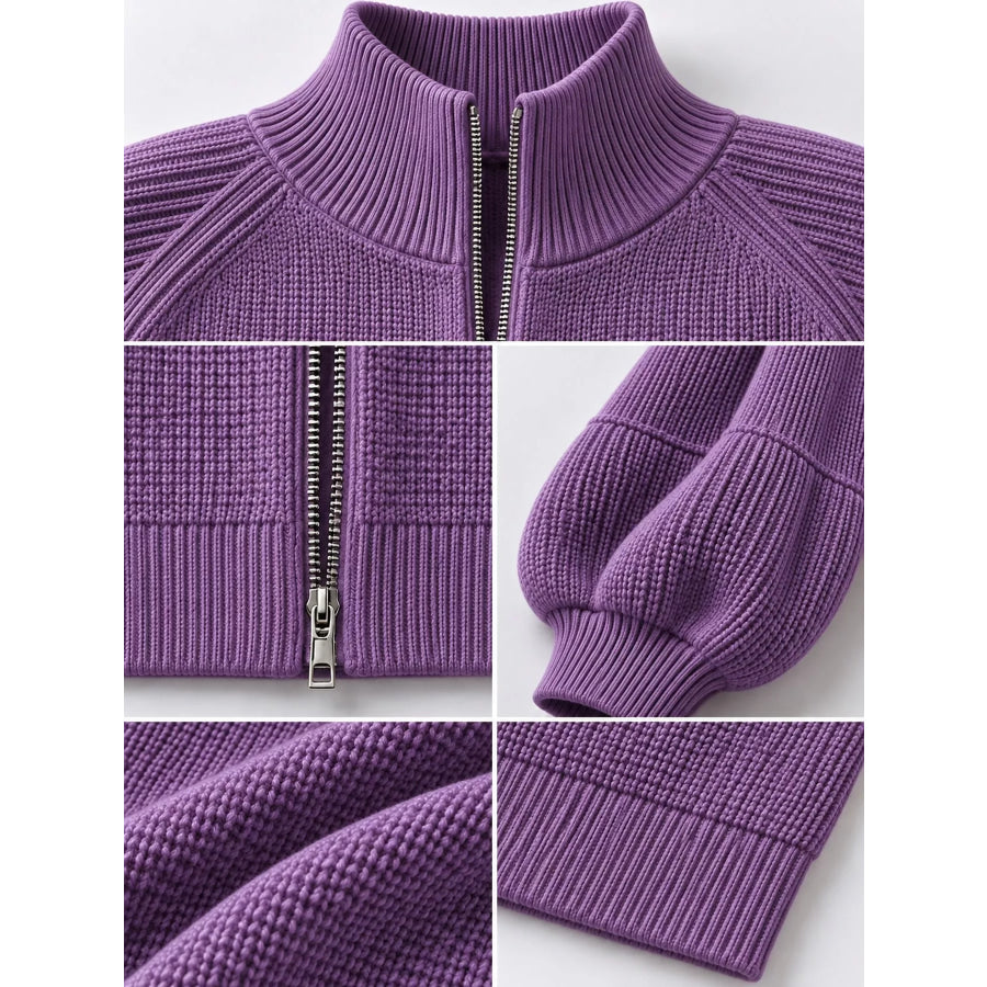 Full Size Elegant Ribbed Knit Zip-Up Cardigan with Lantern Sleeves Plus Apparel and Accessories