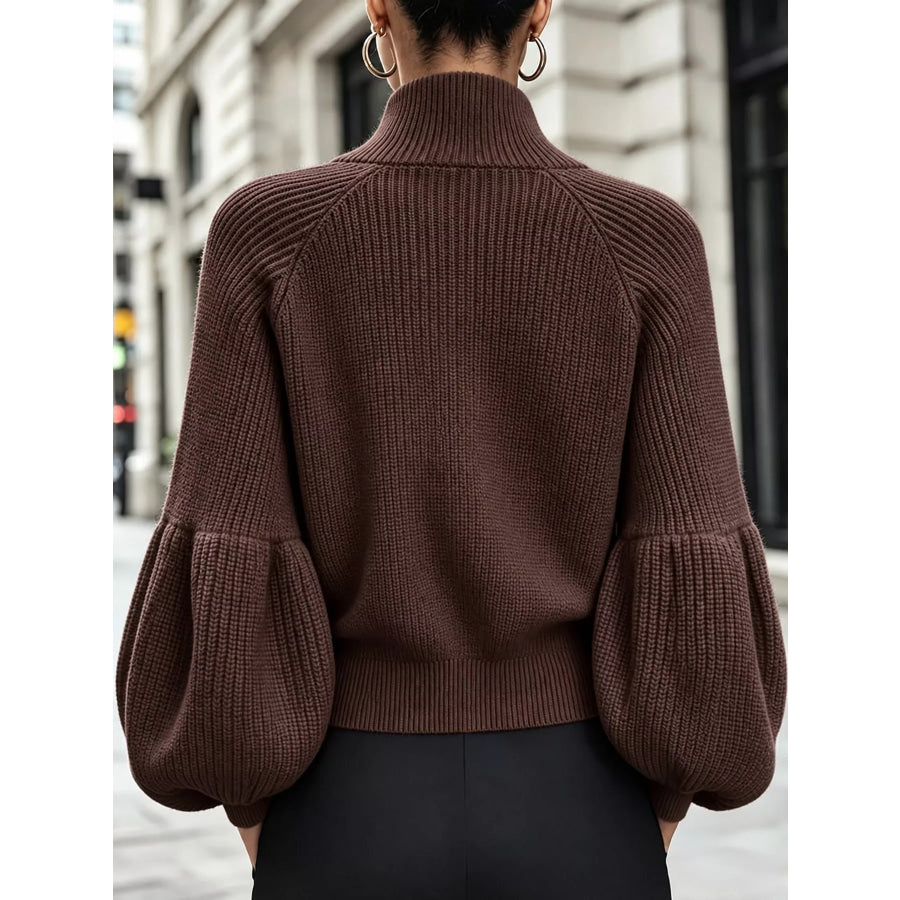 Full Size Elegant Ribbed Knit Zip-Up Cardigan with Lantern Sleeves Plus Apparel and Accessories