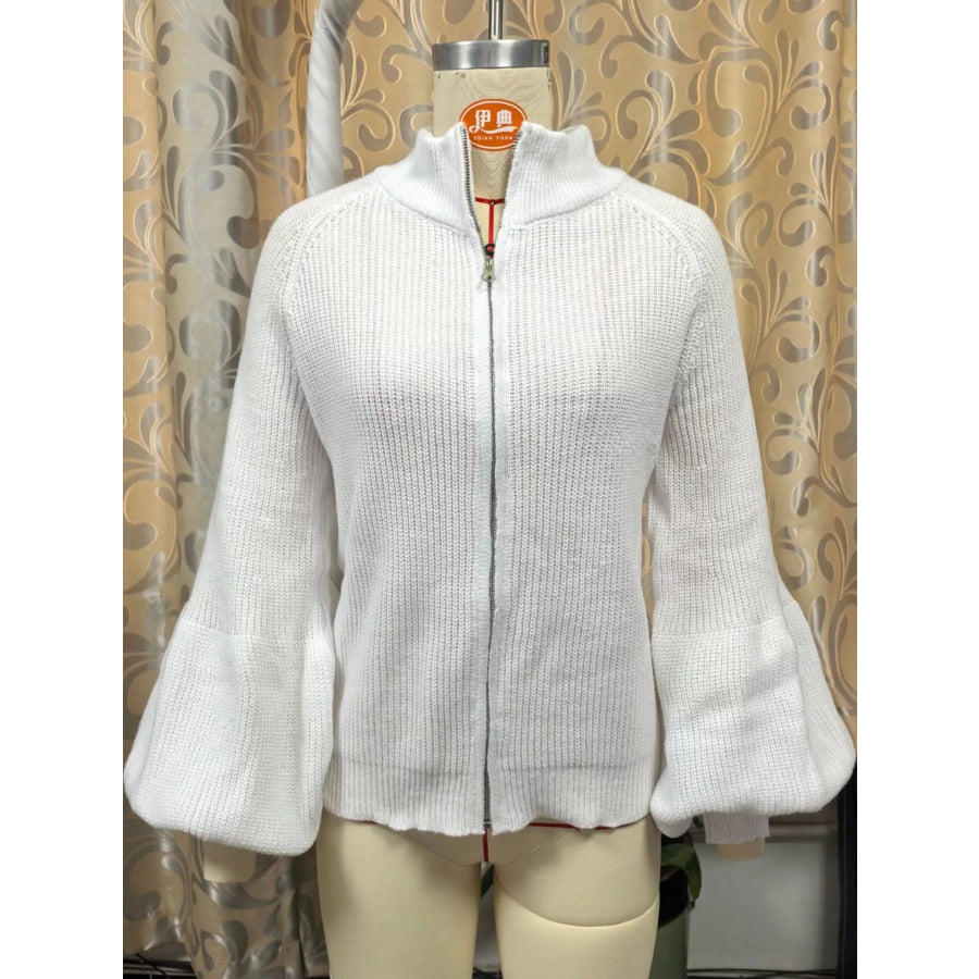Full Size Elegant Ribbed Knit Zip-Up Cardigan with Lantern Sleeves Plus Apparel and Accessories
