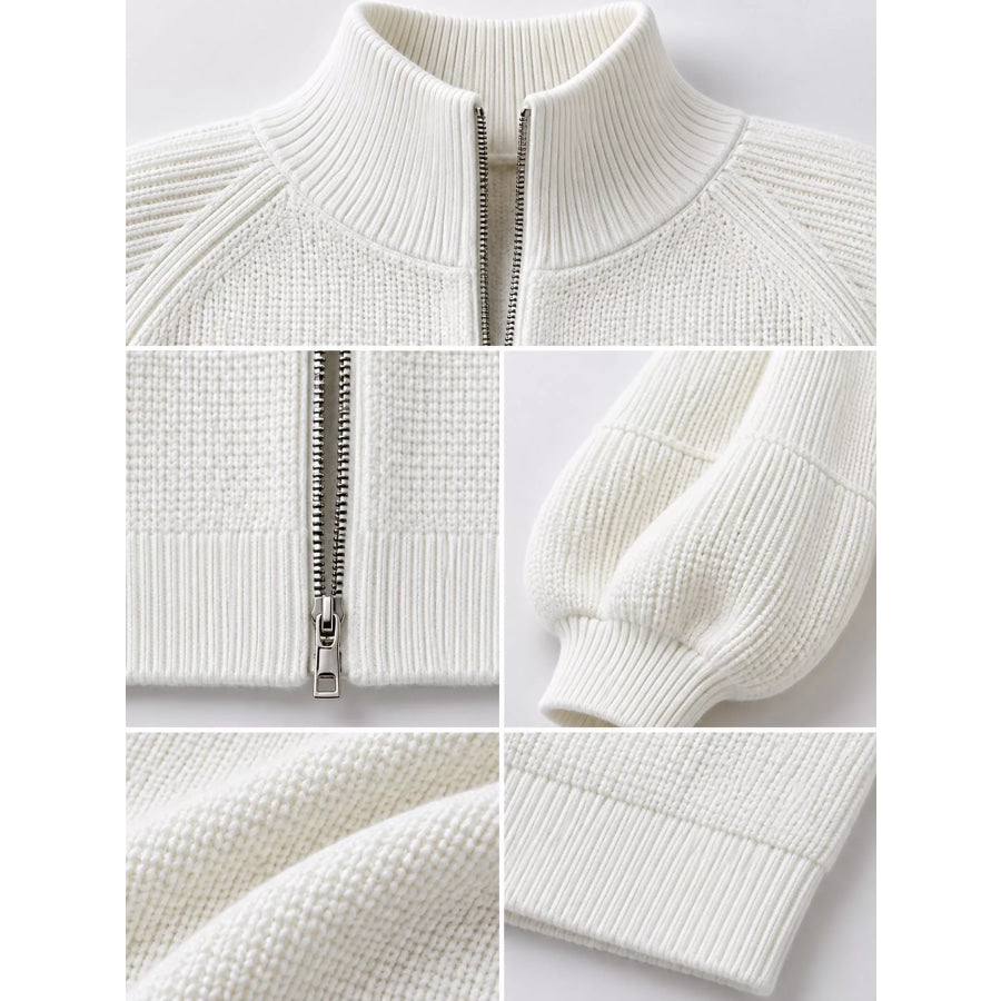 Full Size Elegant Ribbed Knit Zip-Up Cardigan with Lantern Sleeves Plus Apparel and Accessories