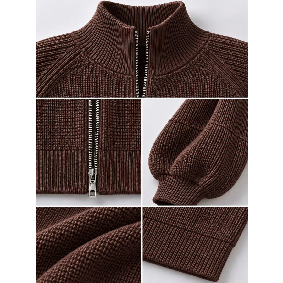 Full Size Elegant Ribbed Knit Zip-Up Cardigan with Lantern Sleeves Plus Apparel and Accessories