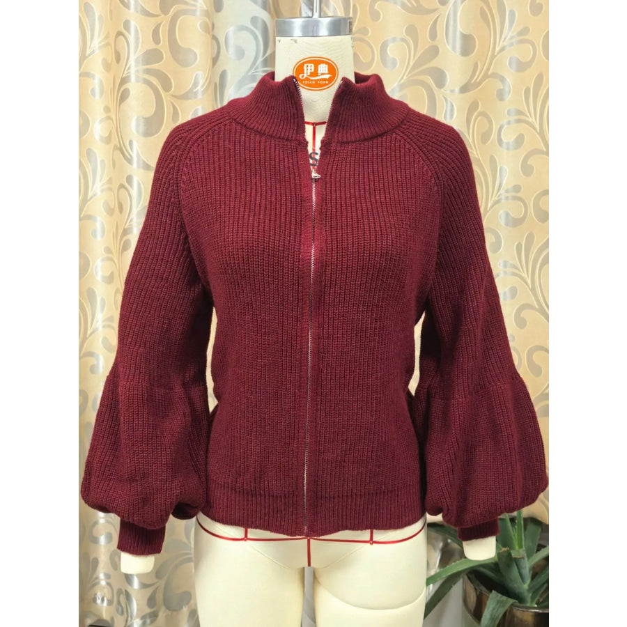 Full Size Elegant Ribbed Knit Zip-Up Cardigan with Lantern Sleeves Plus Apparel and Accessories