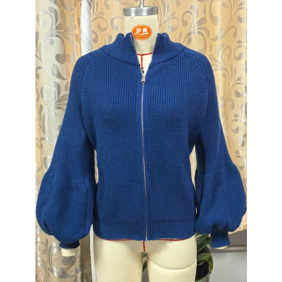 Full Size Elegant Ribbed Knit Zip-Up Cardigan with Lantern Sleeves Plus Apparel and Accessories