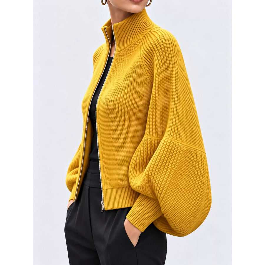 Full Size Elegant Ribbed Knit Zip-Up Cardigan with Lantern Sleeves Plus Apparel and Accessories