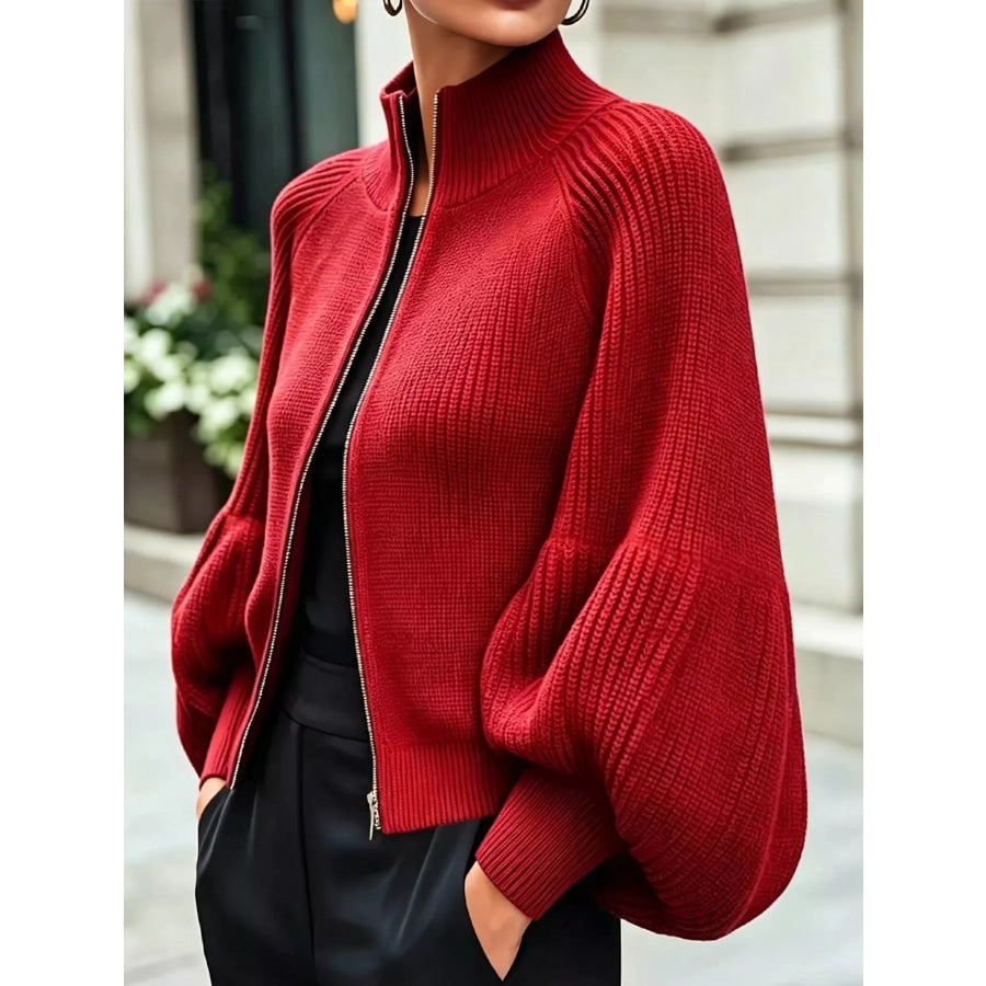 Full Size Elegant Ribbed Knit Zip-Up Cardigan with Lantern Sleeves Plus Apparel and Accessories