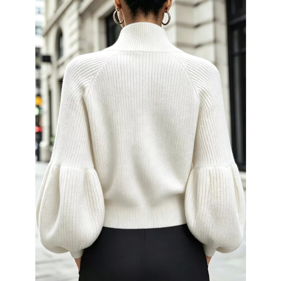 Full Size Elegant Ribbed Knit Zip-Up Cardigan with Lantern Sleeves Plus Apparel and Accessories
