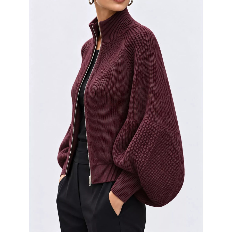Full Size Elegant Ribbed Knit Zip-Up Cardigan with Lantern Sleeves Plus Apparel and Accessories