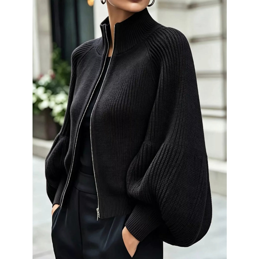 Full Size Elegant Ribbed Knit Zip-Up Cardigan with Lantern Sleeves Plus Apparel and Accessories