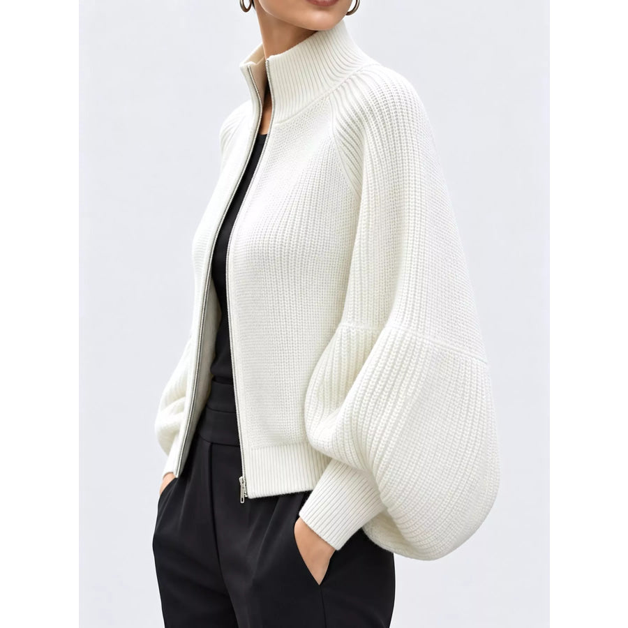 Full Size Elegant Ribbed Knit Zip-Up Cardigan with Lantern Sleeves Plus Apparel and Accessories