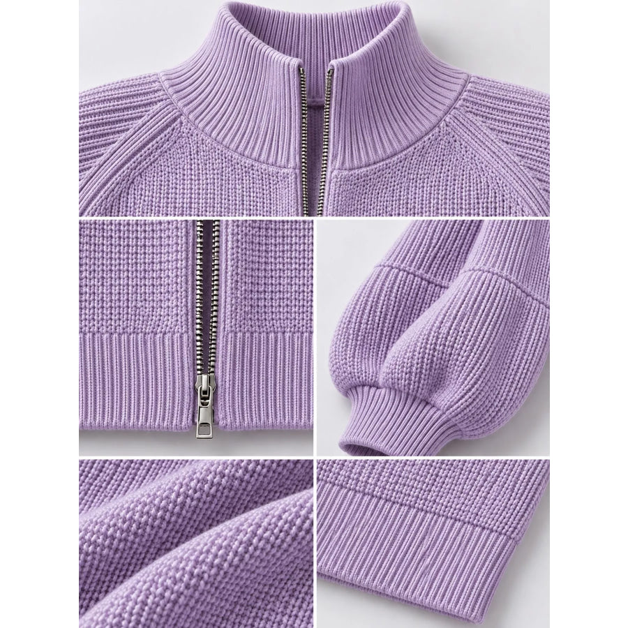 Full Size Elegant Ribbed Knit Zip-Up Cardigan with Lantern Sleeves Plus Apparel and Accessories