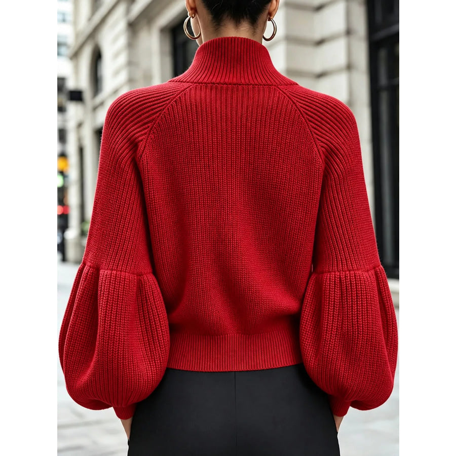 Full Size Elegant Ribbed Knit Zip-Up Cardigan with Lantern Sleeves Plus Apparel and Accessories