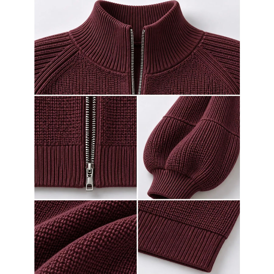 Full Size Elegant Ribbed Knit Zip-Up Cardigan with Lantern Sleeves Plus Apparel and Accessories
