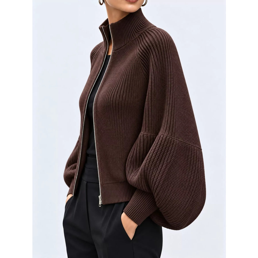 Full Size Elegant Ribbed Knit Zip-Up Cardigan with Lantern Sleeves Plus Apparel and Accessories