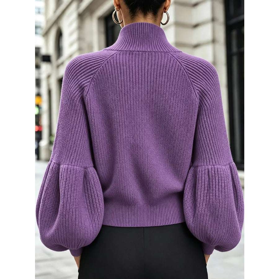 Full Size Elegant Ribbed Knit Zip-Up Cardigan with Lantern Sleeves Plus Apparel and Accessories