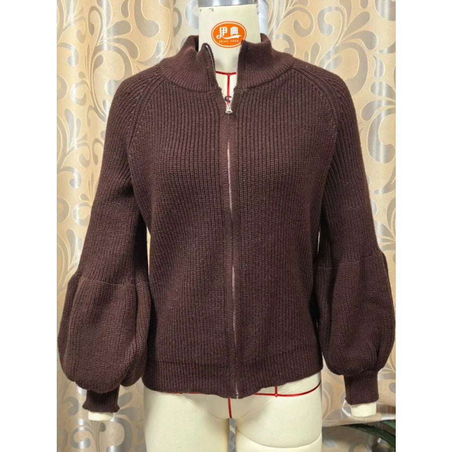 Full Size Elegant Ribbed Knit Zip-Up Cardigan with Lantern Sleeves Plus Apparel and Accessories