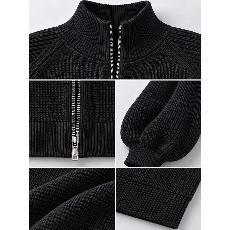 Full Size Elegant Ribbed Knit Zip-Up Cardigan with Lantern Sleeves Plus Apparel and Accessories