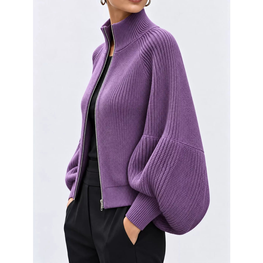 Full Size Elegant Ribbed Knit Zip-Up Cardigan with Lantern Sleeves Plus Apparel and Accessories
