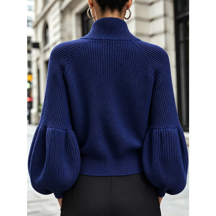 Full Size Elegant Ribbed Knit Zip-Up Cardigan with Lantern Sleeves Plus Apparel and Accessories