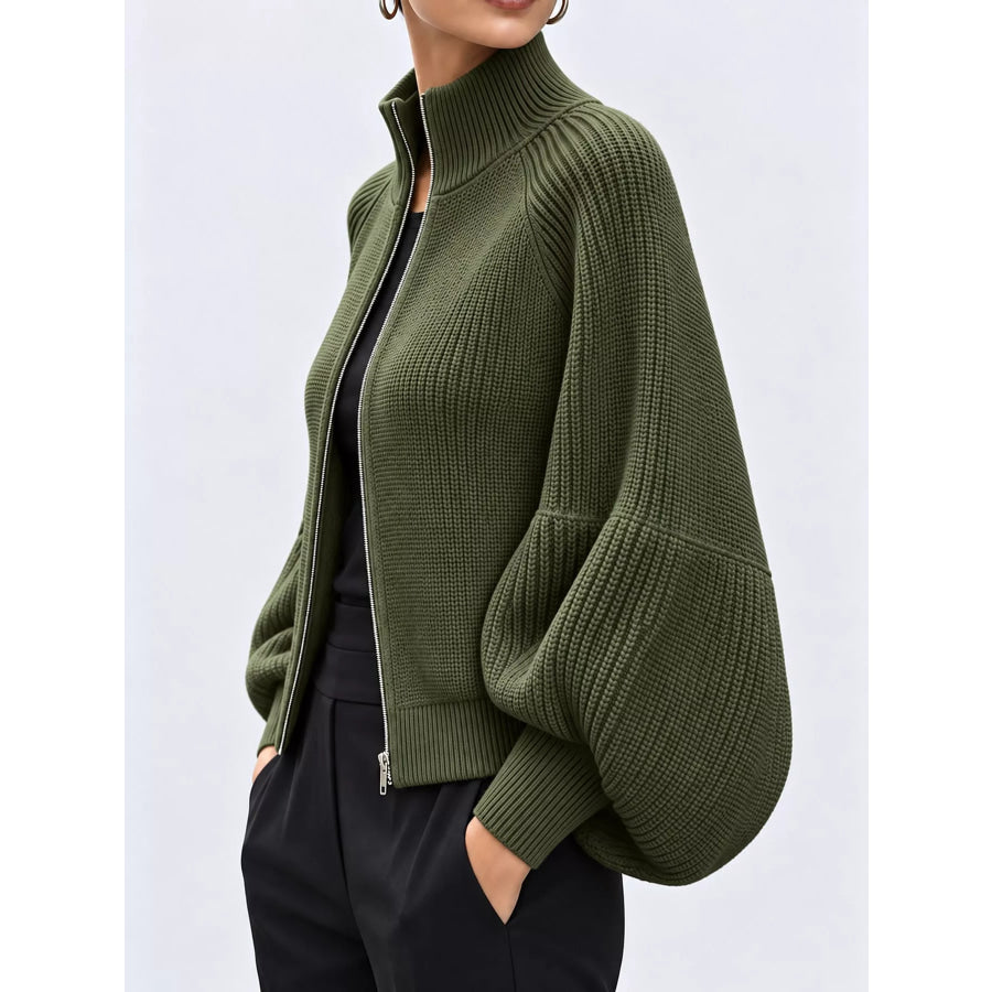 Full Size Elegant Ribbed Knit Zip-Up Cardigan with Lantern Sleeves Plus Apparel and Accessories