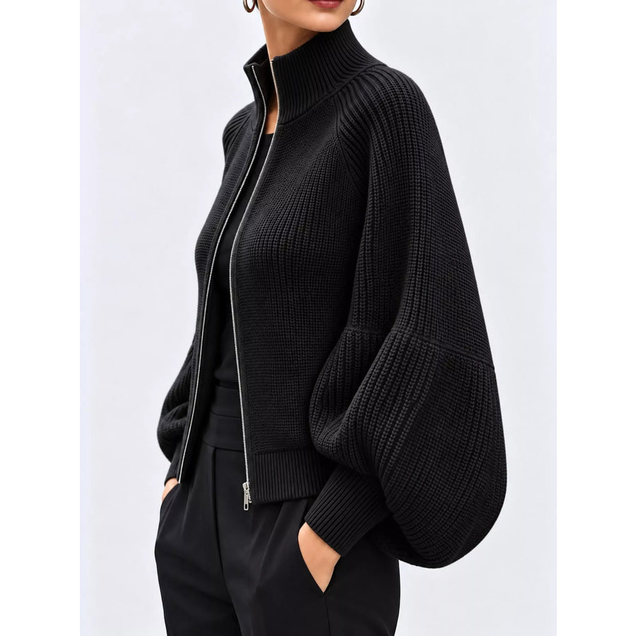 Full Size Elegant Ribbed Knit Zip-Up Cardigan with Lantern Sleeves Plus Apparel and Accessories