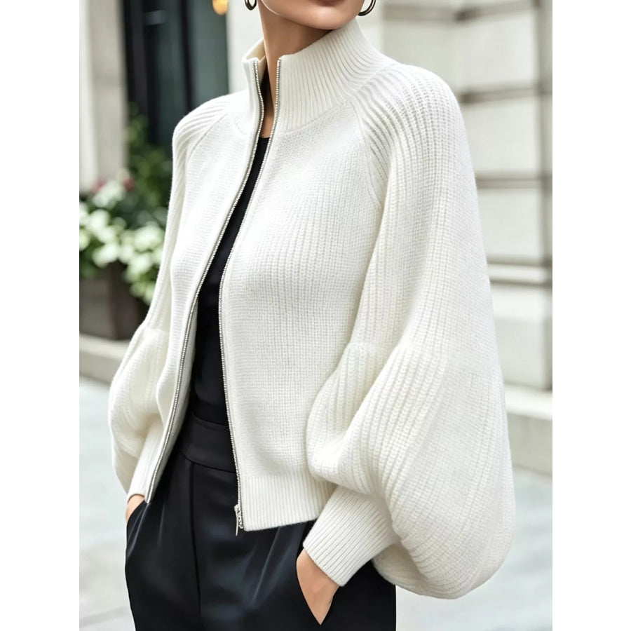 Full Size Elegant Ribbed Knit Zip-Up Cardigan with Lantern Sleeves Plus Apparel and Accessories
