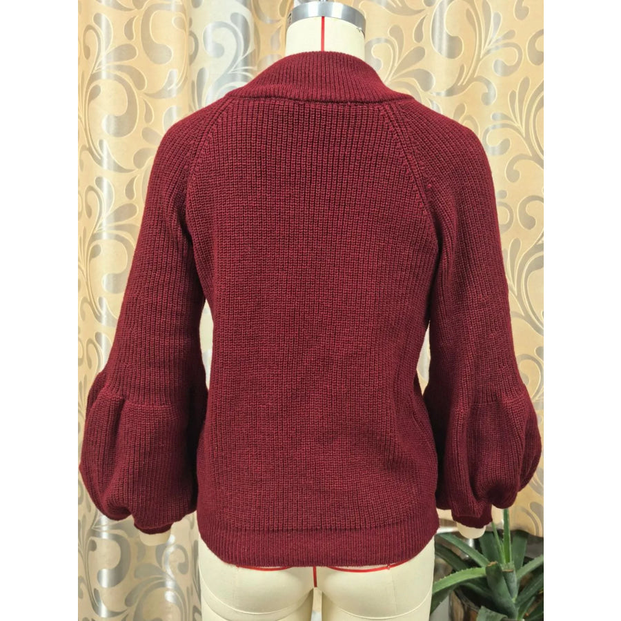 Full Size Elegant Ribbed Knit Zip-Up Cardigan with Lantern Sleeves Plus Apparel and Accessories