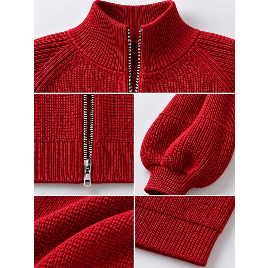 Full Size Elegant Ribbed Knit Zip-Up Cardigan with Lantern Sleeves Plus Apparel and Accessories