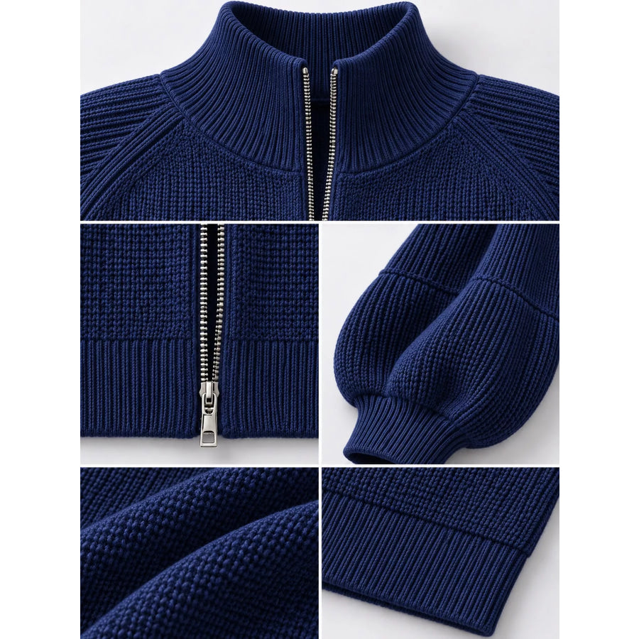 Full Size Elegant Ribbed Knit Zip-Up Cardigan with Lantern Sleeves Plus Apparel and Accessories