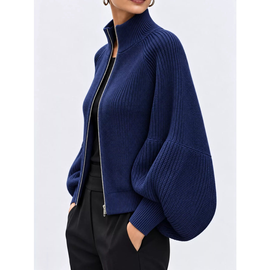 Full Size Elegant Ribbed Knit Zip-Up Cardigan with Lantern Sleeves Plus Apparel and Accessories