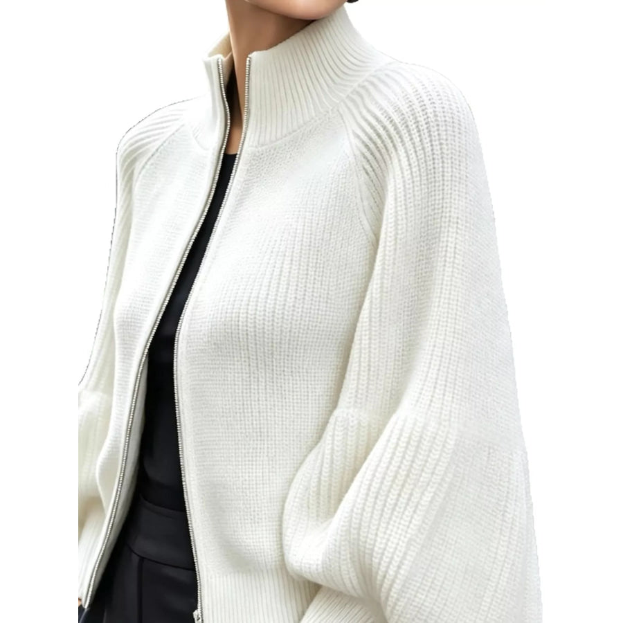 Full Size Elegant Ribbed Knit Zip-Up Cardigan with Lantern Sleeves Plus Apparel and Accessories