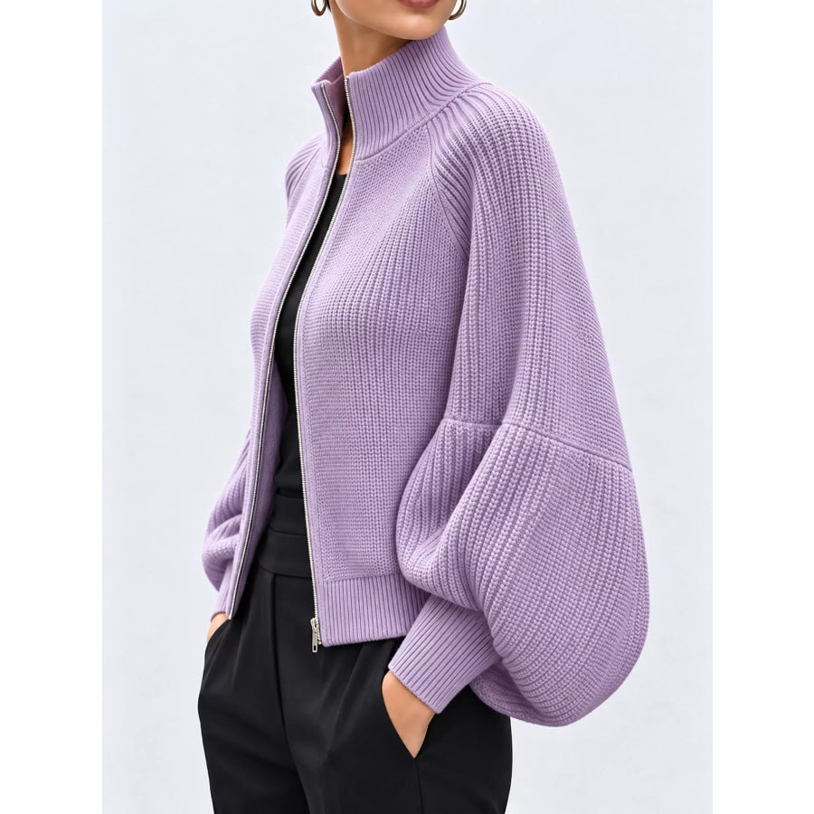 Full Size Elegant Ribbed Knit Zip-Up Cardigan with Lantern Sleeves Plus Apparel and Accessories