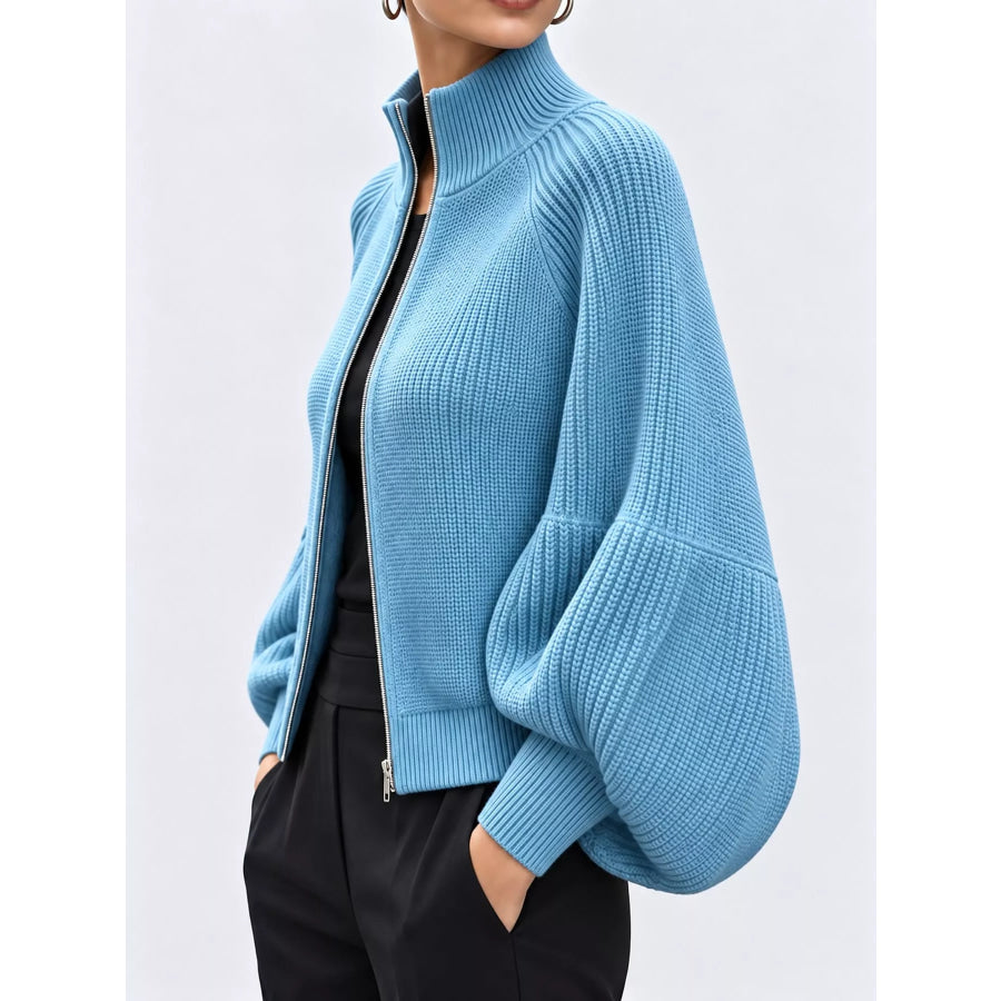 Full Size Elegant Ribbed Knit Zip-Up Cardigan with Lantern Sleeves Plus Apparel and Accessories