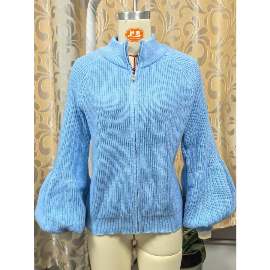 Full Size Elegant Ribbed Knit Zip-Up Cardigan with Lantern Sleeves Plus Apparel and Accessories