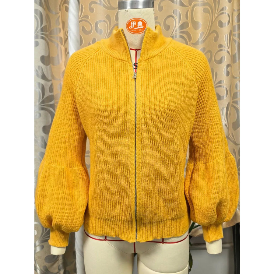 Full Size Elegant Ribbed Knit Zip-Up Cardigan with Lantern Sleeves Plus Apparel and Accessories