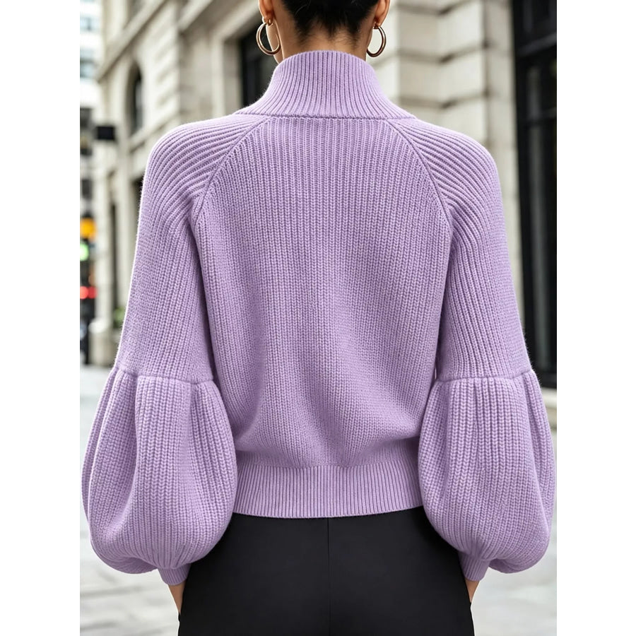 Full Size Elegant Ribbed Knit Zip-Up Cardigan with Lantern Sleeves Plus Apparel and Accessories