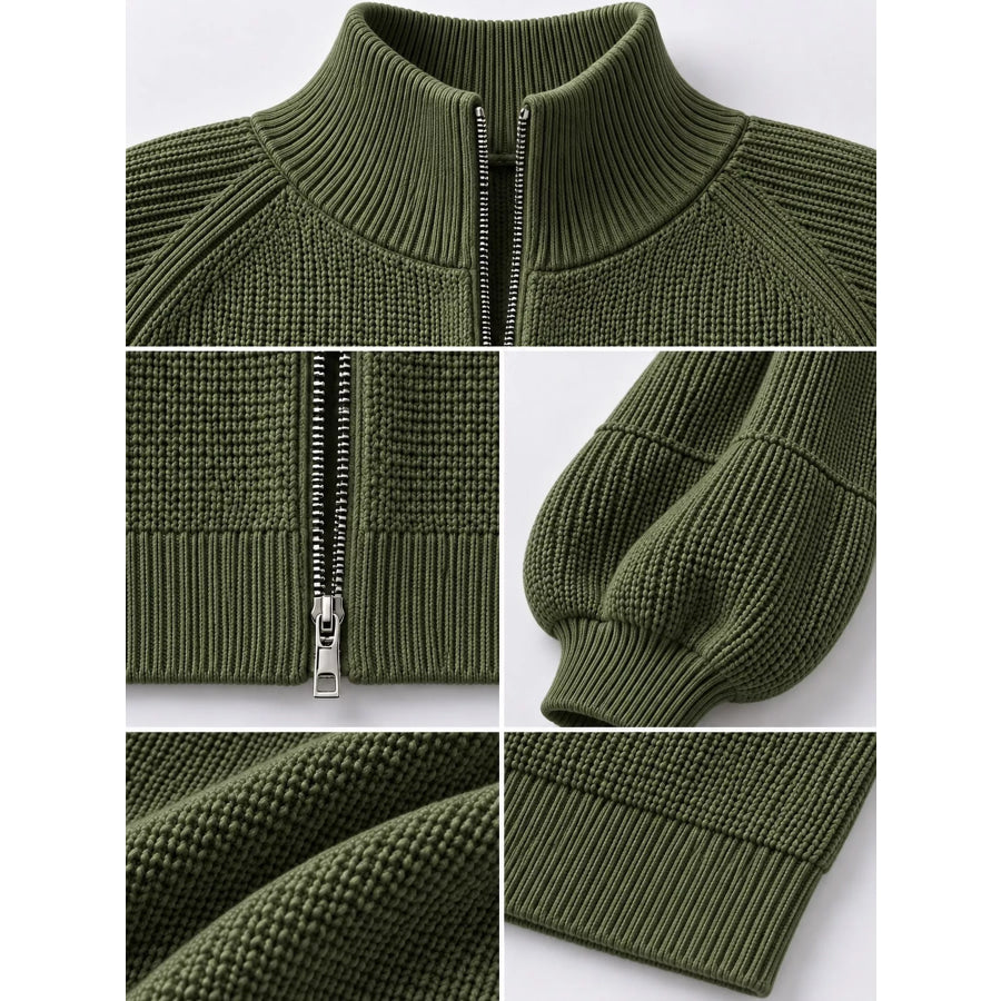 Full Size Elegant Ribbed Knit Zip-Up Cardigan with Lantern Sleeves Plus Apparel and Accessories