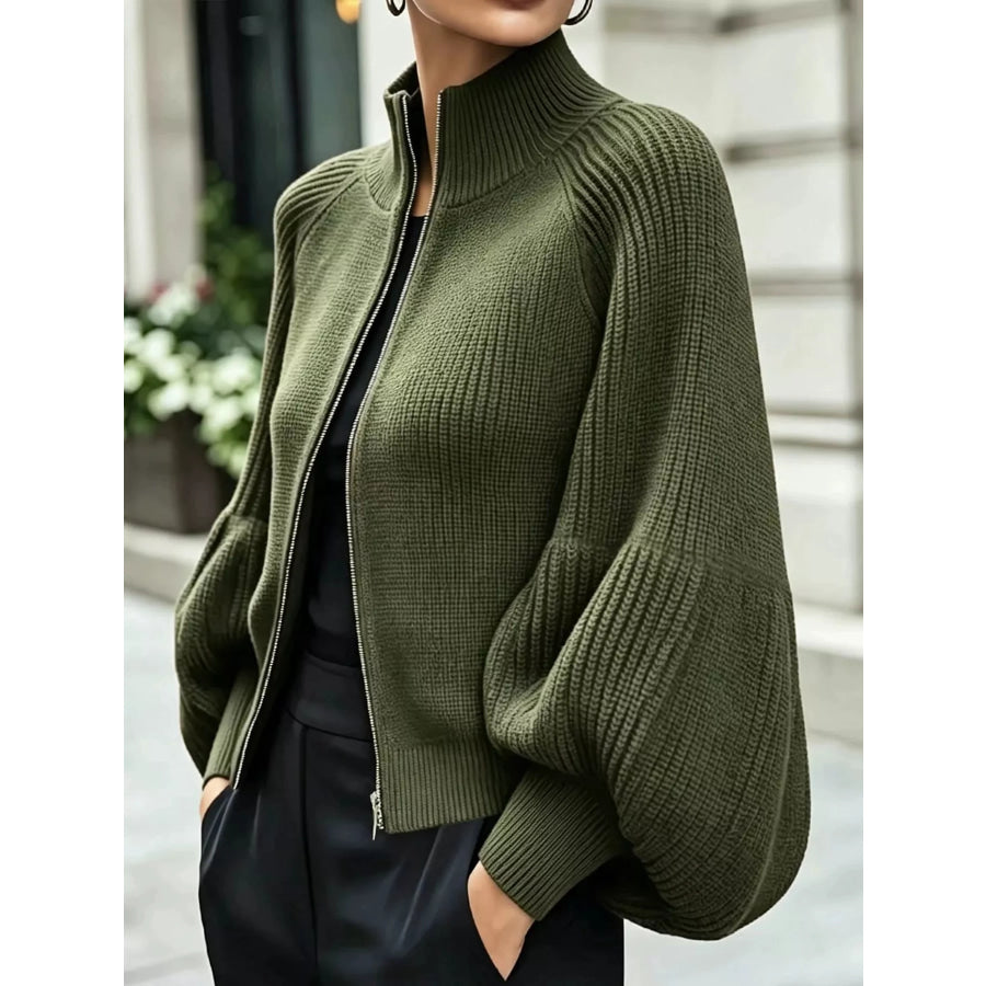 Full Size Elegant Ribbed Knit Zip-Up Cardigan with Lantern Sleeves Plus Army Green / S Apparel and Accessories