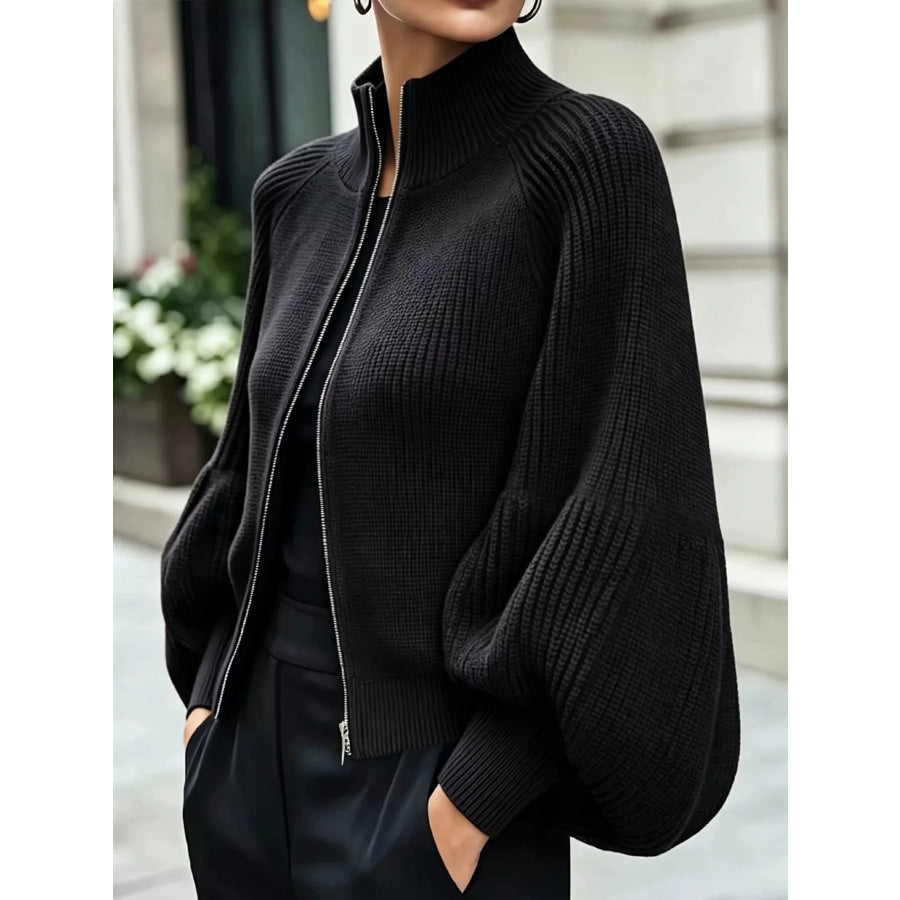 Full Size Elegant Ribbed Knit Zip-Up Cardigan with Lantern Sleeves Plus Black / S Apparel and Accessories