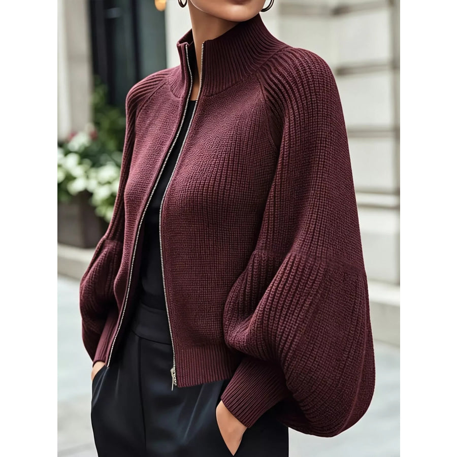 Full Size Elegant Ribbed Knit Zip-Up Cardigan with Lantern Sleeves Plus Burgundy / S Apparel and Accessories