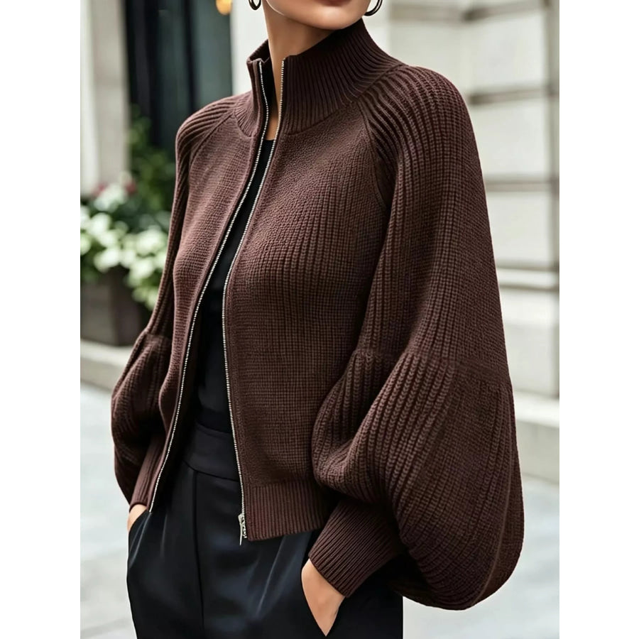 Full Size Elegant Ribbed Knit Zip-Up Cardigan with Lantern Sleeves Plus Coffee / S Apparel and Accessories