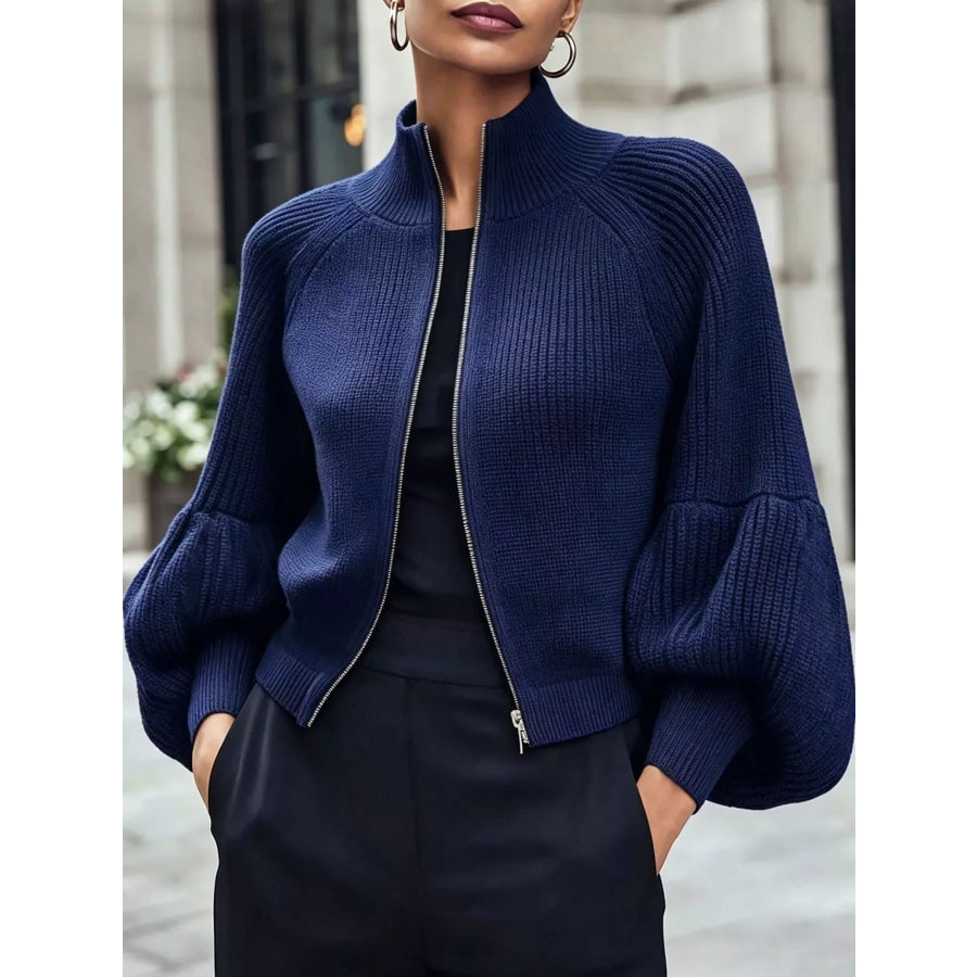 Full Size Elegant Ribbed Knit Zip-Up Cardigan with Lantern Sleeves Plus Dark Blue / S Apparel and Accessories