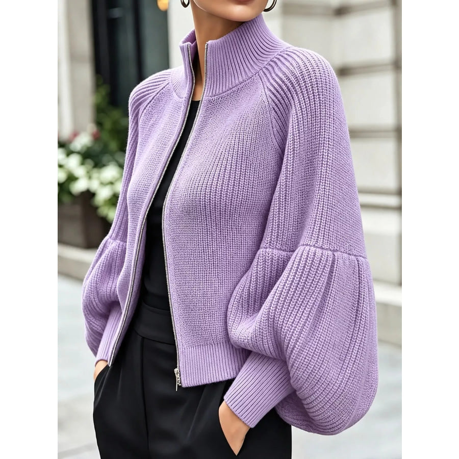 Full Size Elegant Ribbed Knit Zip-Up Cardigan with Lantern Sleeves Plus Light Purple / S Apparel and Accessories