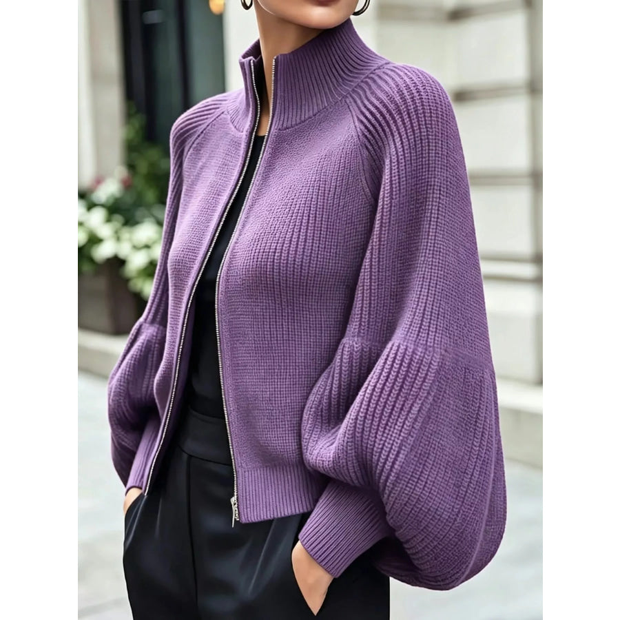 Full Size Elegant Ribbed Knit Zip-Up Cardigan with Lantern Sleeves Plus Purple / S Apparel and Accessories
