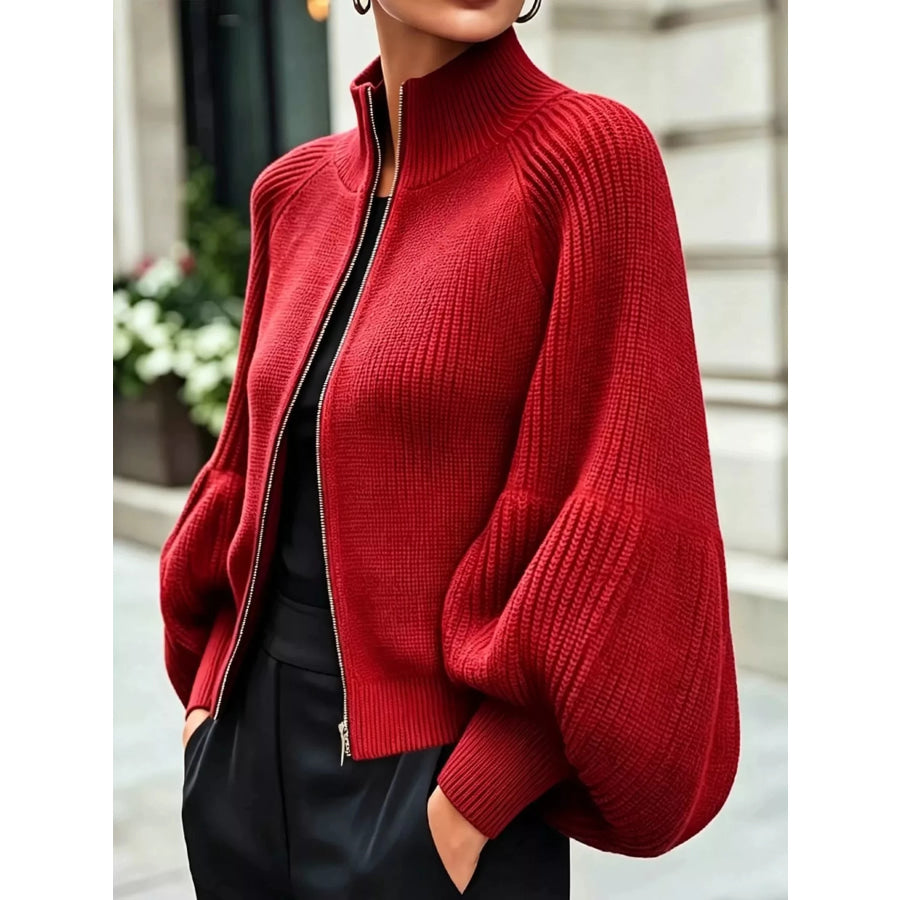Full Size Elegant Ribbed Knit Zip-Up Cardigan with Lantern Sleeves Plus Red / S Apparel and Accessories