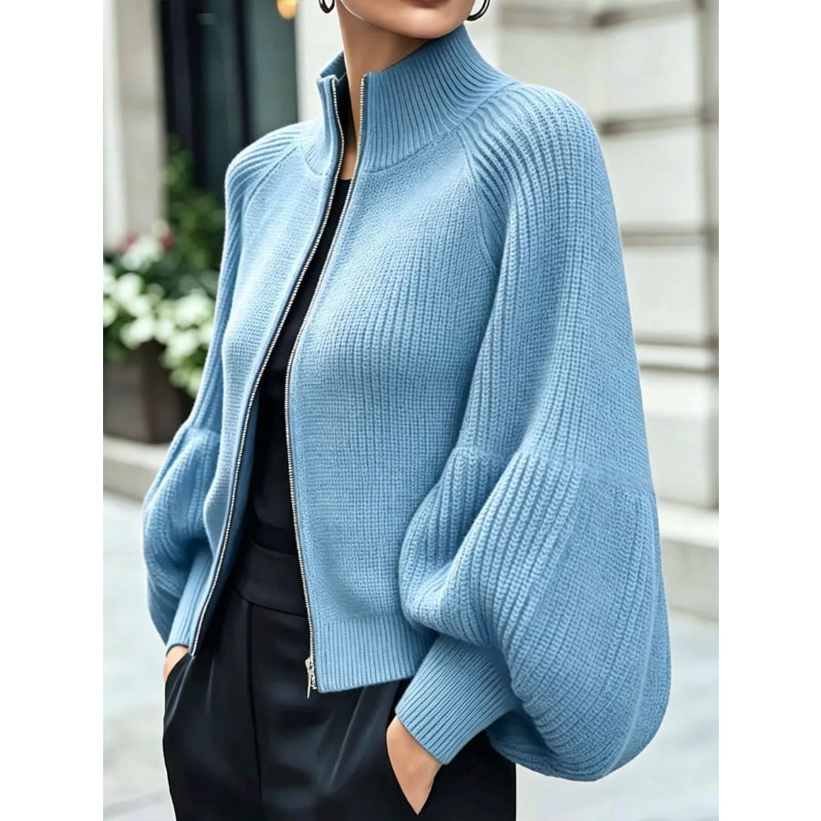 Full Size Elegant Ribbed Knit Zip-Up Cardigan with Lantern Sleeves Plus Sky Blue / S Apparel and Accessories