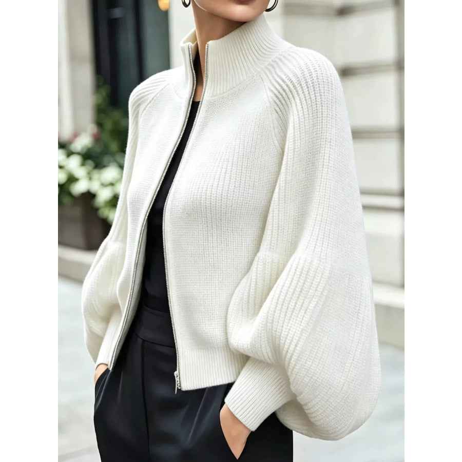 Full Size Elegant Ribbed Knit Zip-Up Cardigan with Lantern Sleeves Plus White / S Apparel and Accessories