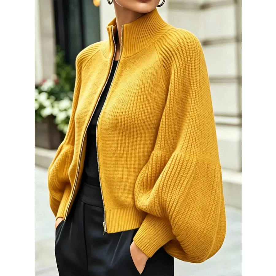 Full Size Elegant Ribbed Knit Zip-Up Cardigan with Lantern Sleeves Plus Yellow / S Apparel and Accessories
