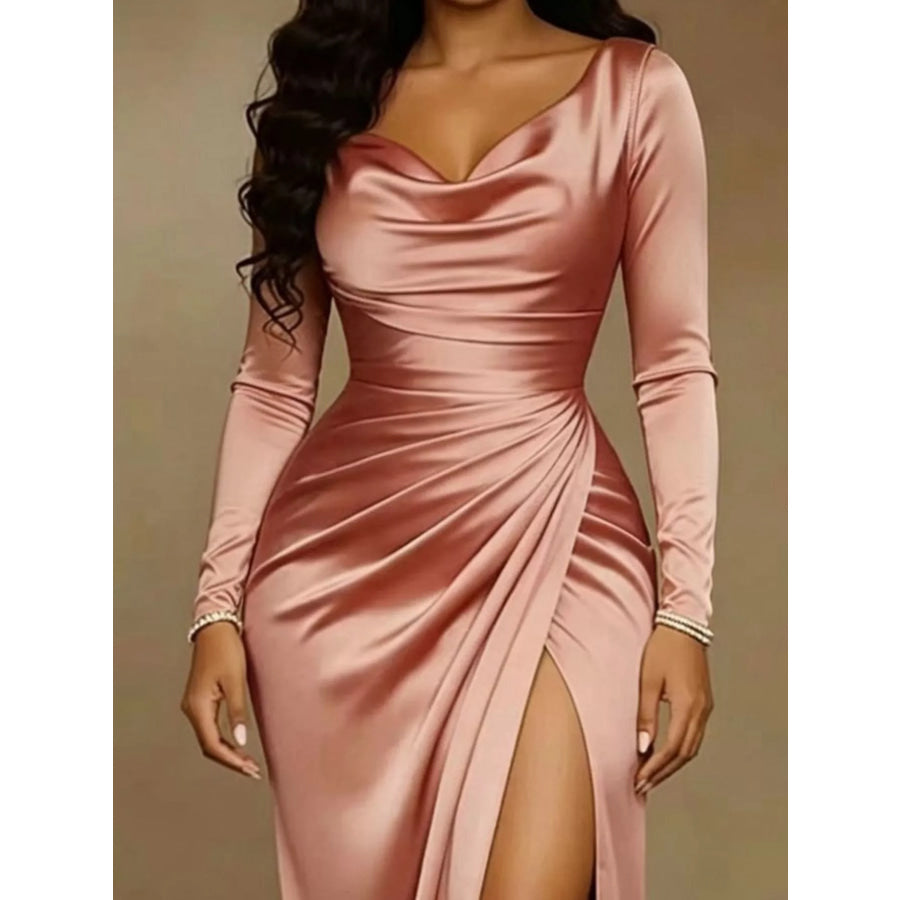 Full Size Elegant Satin Cowl Neck Long Sleeve High Slit Evening Dress Plus