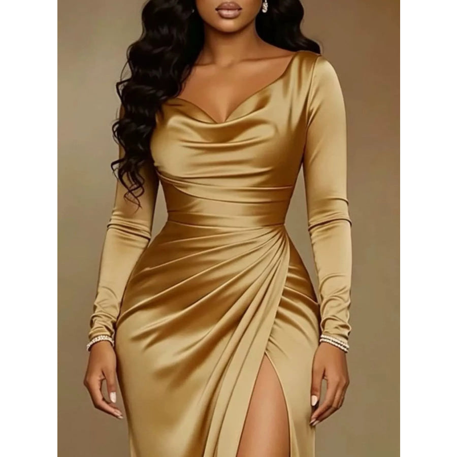 Full Size Elegant Satin Cowl Neck Long Sleeve High Slit Evening Dress Plus Tan / S