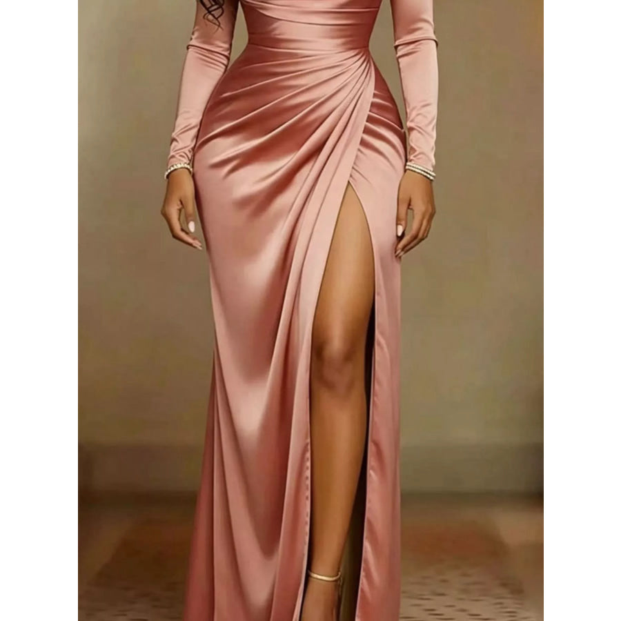 Full Size Elegant Satin Cowl Neck Long Sleeve High Slit Evening Dress Plus